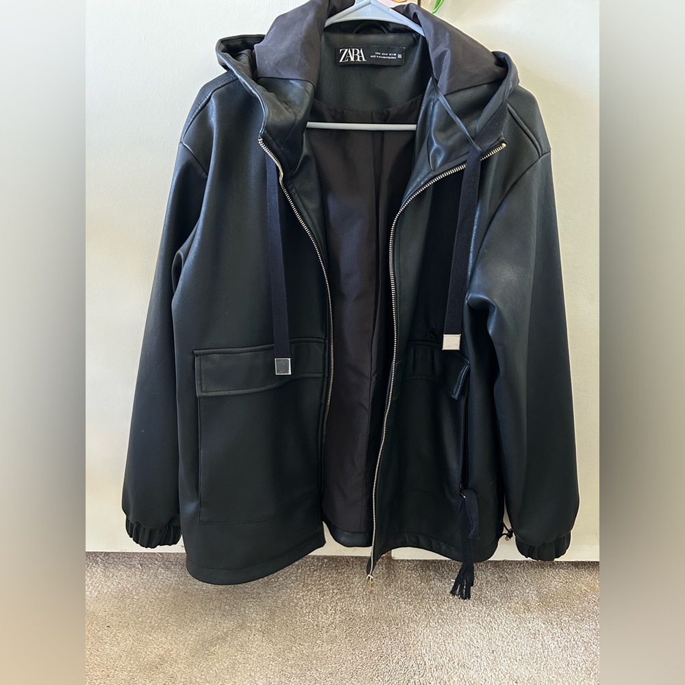 Zara Black Hooded Leather-Effect Jacket. Small hole by front pocket